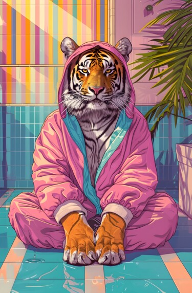 Digitale Kunst getiteld "Urban Tiger Lounging" door Chun Yu Guan, Origineel Kunstwerk, AI gegenereerde afbeelding Gemonteerd…