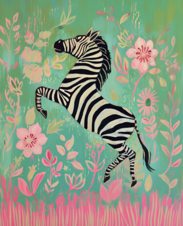 "Zebra's Spring Dance" başlıklı Dijital Sanat 春宇 关 tarafından, Orijinal sanat, AI tarafından oluşturulan görüntü Karton üzer…