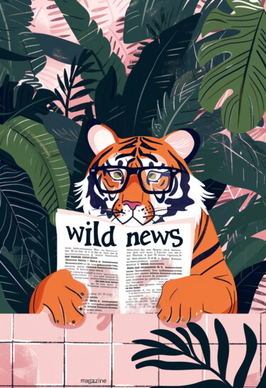 数字艺术 标题为“Tiger Reads Wild Ne…” 由春宇 关, 原创艺术品, AI生成的图像 安装在纸板上