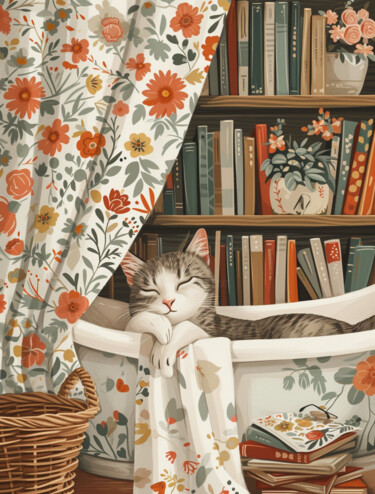 Digitale Kunst mit dem Titel "Cozy Cat Naps Among…" von Chun Yu Guan, Original-Kunstwerk, KI-generiertes Bild Auf Karton mon…