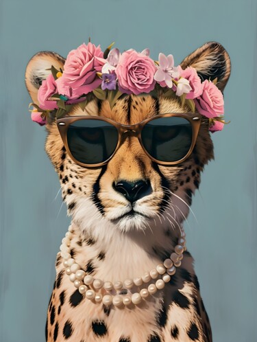 「Fashionable Feline…」というタイトルのデジタルアーツ 春宇 关によって, オリジナルのアートワーク, AI生成画像 段ボールにマウント