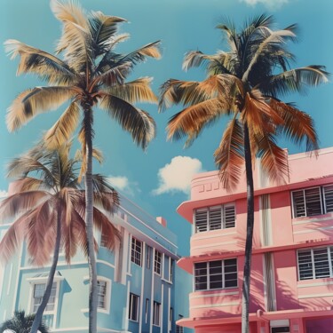 Tropical Escape - Palm Trees & Pastel Buildings Arts numériques intitulée "Tropical Escape - P…" par Chun Yu Guan, Œuvre d'art originale, Image générée par l'IA Monté sur C…