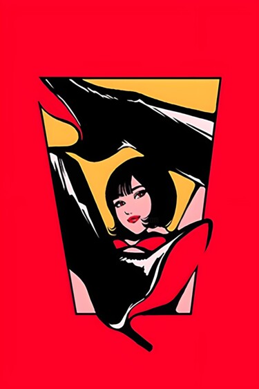 「Elegant Red Abstrac…」というタイトルのデジタルアーツ 春宇 关によって, オリジナルのアートワーク, AI生成画像 段ボールにマウント