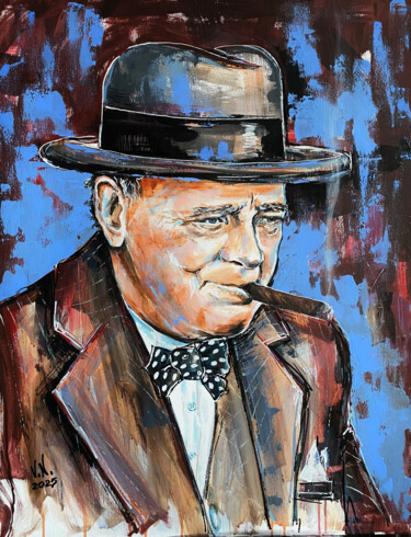 Winston Churchill Schilderij getiteld "Winston Churchill" door Volodymyr Nezdiimynoha, Origineel Kunstwerk, Acryl Gemonteerd op Frame voor hou…
