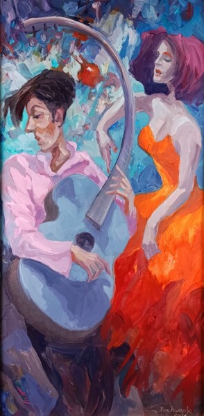 「Mistrzowie gitarry」というタイトルの絵画 Tomasz Bachanekによって, オリジナルのアートワーク, オイル ウッドストレッチャーフレームにマウント