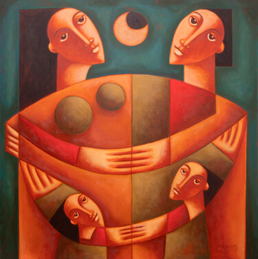 Family love Painting titled "Family love" by Zsolt Malasits, Original Artwork, Oil Mounted on Wood Stretcher frame