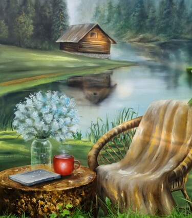 Oilpainting A Chair by the Lake — Just Stay for a Moment Peinture intitulée "Oilpainting A Chair…" par Natalia Bazyliuk, Œuvre d'art originale, Huile Monté sur Châssis en bois