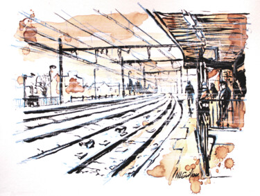 Schilderij getiteld "La Gare d'Athis sou…" door Nicolas Le Guillou, Origineel Kunstwerk, Inkt
