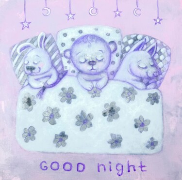 Cute sleeping animals — bunny, teddy bear and fox cub 绘画 标题为“Cute sleeping anima…” 由Tatiana Belchenko, 原创艺术品, 丙烯 安装在木质担架架上