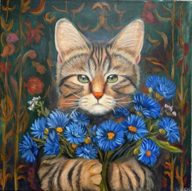 Painting titled "Cat Among Flowers" by Svetlana Leont Eva, Original Artwork, Oil