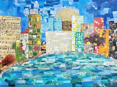 Collages getiteld "Les nageurs" door Anne Robin, Origineel Kunstwerk, Collages Gemonteerd op Frame voor houten brancard