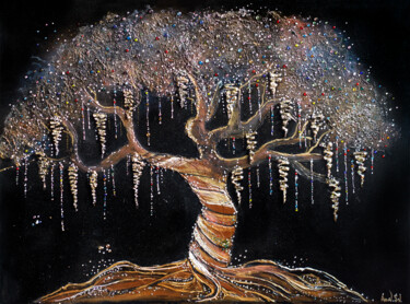 Painting Golden Tree Mandala: Path to Enlightenment Картина под названием "Painting Golden Tre…" - Svetlana, Подлинное произведение искусства, Акрил Установлен на Деревянная ра…