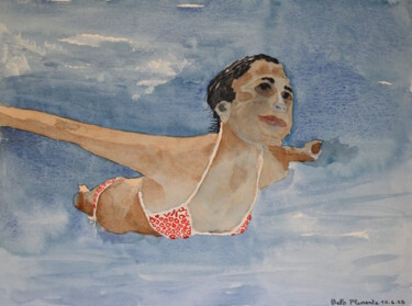 Schilderij getiteld "Nageuse planante" door Bernard Pothier, Origineel Kunstwerk, Aquarel