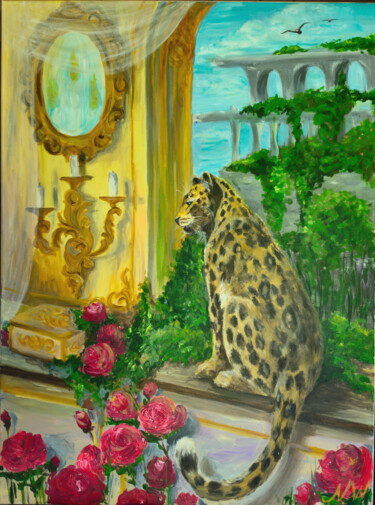 Leopard Guardian in a Golden Palace with Roses and Arches 绘画 标题为“Leopard Guardian in…” 由Natalia Wilkinson, 原创艺术品, 丙烯 安装在木质担架架上