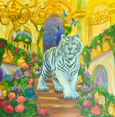 White Tiger on Magical Stairca Pittura intitolato "White Tiger on Magi…" da Natalia Wilkinson, Opera d'arte originale, Acrilico Montato su Telaio per barel…