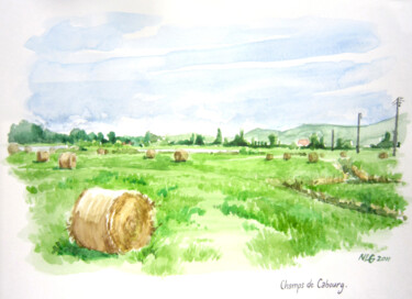 Schilderij getiteld "Champs de cabourg" door Nicolas Le Guillou, Origineel Kunstwerk, Aquarel