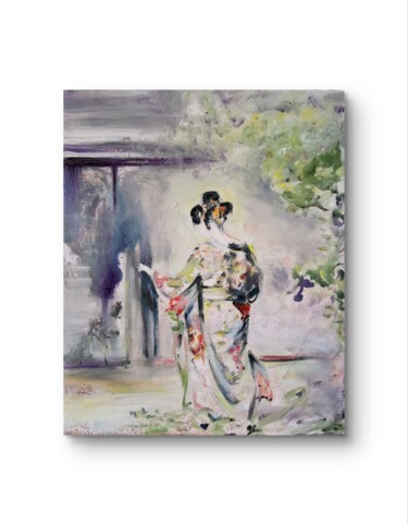Kimono Lady Painting – Japanese Style Oil Art Pittura intitolato "Kimono Lady Paintin…" da Aloosan, Opera d'arte originale, Olio Montato su Telaio per barella in legno
