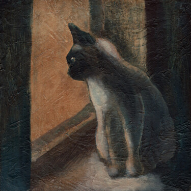 Картина под названием "Cat By The Window" - Anton Maliar, Подлинное произведение искусства, Акрил Установлен на Другая жестк…