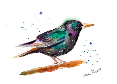 European Starling Watercolor – NYC Bird Art Картина под названием "European Starling W…" - Luba Kholov, Подлинное произведение искусства, Акварель