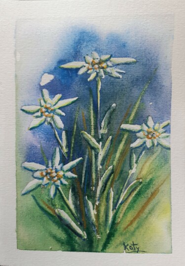 Schilderij getiteld "Edelweiss nature" door Catherine Dufrene (Katy), Origineel Kunstwerk, Aquarel
