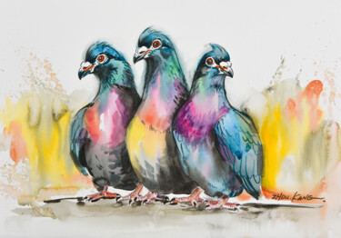 Schilderij getiteld "Pigeon2" door Kang Zhou, Origineel Kunstwerk, Aquarel