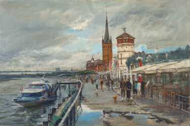 Rainy Promenade in Düsseldorf – Rhine Riverside with Old Tow 제목이 "Rainy Promenade in…"인 미술작품 Artem Bilobrovskyi로, 원작, 기름 나무 들것 프레임에 장착됨
