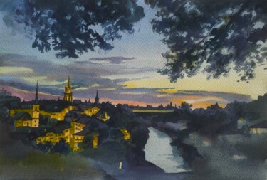 Evening lights over the Aare Painting titled "Evening lights over…" by Sofi Oleinik, Original Artwork, Watercolor