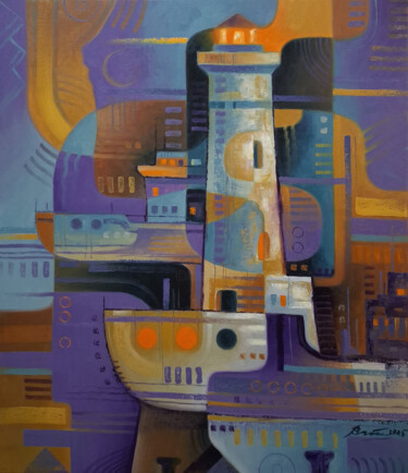 Schilderij getiteld "Lighthouse and ships" door Serhii Voichenko, Origineel Kunstwerk, Olie