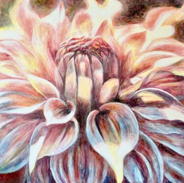 Fiery Dahlia Schilderij getiteld "Fiery Dahlia" door Olga Gukasova, Origineel Kunstwerk, Acryl Gemonteerd op Frame voor houten brancard