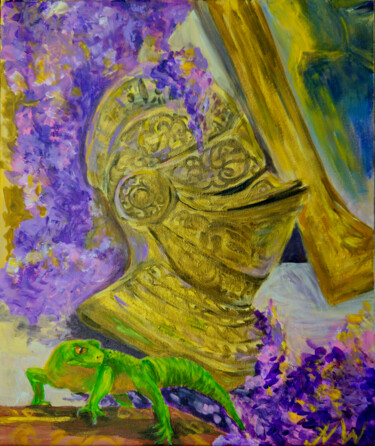 The Lizard Who Once Wore Gold Schilderij getiteld "The Lizard Who Once…" door Natalia Wilkinson, Origineel Kunstwerk, Acryl Gemonteerd op Frame voor houte…