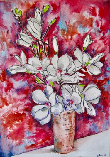 Schilderij getiteld "Flores blancas" door Silvia Sierra Sanchez, Origineel Kunstwerk, Inkt