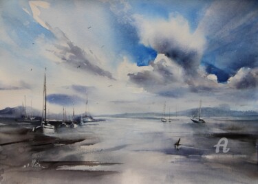 SUNNY DAY IN THE BAY — Original Watercolor by Kate Matveeva Pintura intitulada "SUNNY DAY IN THE BA…" por Mkate, Obras de arte originais, Aquarela