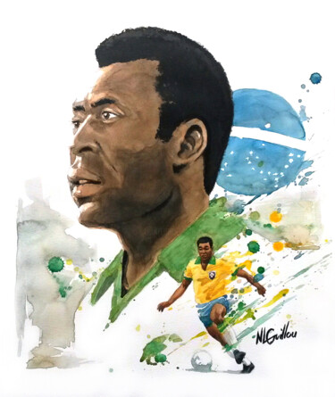 Painting titled "Pelé" by Nicolas Le Guillou, Original Artwork, Watercolor
