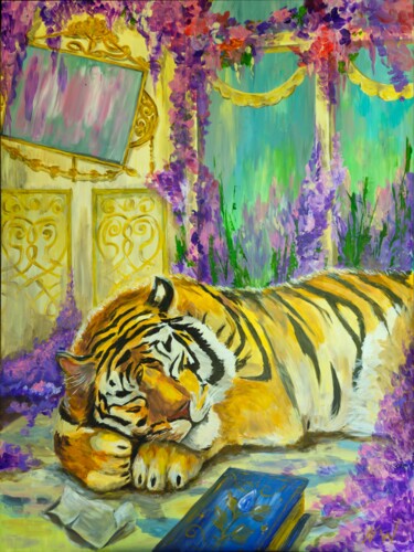 Mystical Sleeping Tiger Pittura intitolato "Mystical Sleeping T…" da Natalia Wilkinson, Opera d'arte originale, Acrilico Montato su Telaio per barel…