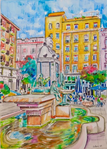 Картина под названием "Pequeña plaza en Ma…" - Silvia Sierra Sanchez, Подлинное произведение искусства, Карандаш