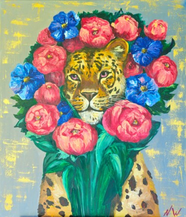 Leopard crowned with vibrant flowers 绘画 标题为“Leopard crowned wit…” 由Natalia Wilkinson, 原创艺术品, 丙烯 安装在木质担架架上
