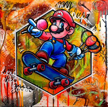 Super Mario Chupa Chups Pop Art Oeuvre Unique 绘画 标题为“Super Mario Chupa C…” 由Pvettese, 原创艺术品, 喷漆 安装在木质担架架上