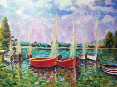 Painting titled "Красные лодки у тих…" by Vera Bond, Original Artwork, Oil