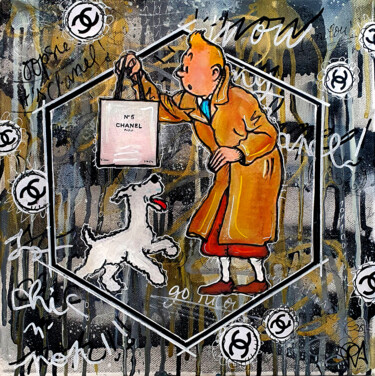 Schilderij getiteld "Tintin Milou Chanel…" door Pvettese, Origineel Kunstwerk, Graffiti Gemonteerd op Frame voor houten bran…