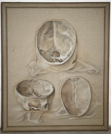 Schilderij getiteld "Skulls" door Birgit Karg, Origineel Kunstwerk, Krijt Gemonteerd op Frame voor houten brancard