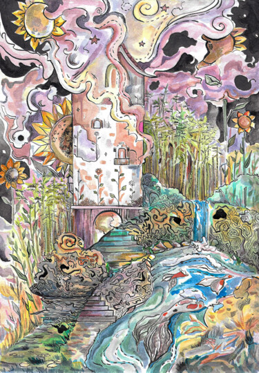 Dream in a Bamboo Forest with Sunflowers Disegno intitolato "Dream in a Bamboo F…" da Mary Rem, Opera d'arte originale, Acquarello
