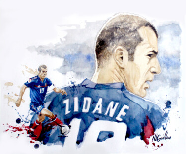 Schilderij getiteld "Zinedine Zidane" door Nicolas Le Guillou, Origineel Kunstwerk, Aquarel