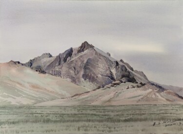 Pintura intitulada "拉果错畔孤寂的石山" por Fangzheng Niu, Obras de arte originais, Aquarela Montado em Painel de madeira