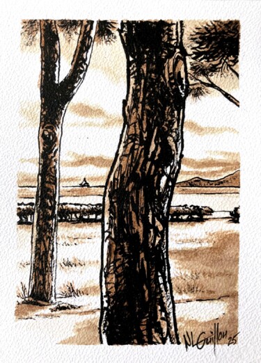 Schilderij getiteld "Bateau entre deux a…" door Nicolas Le Guillou, Origineel Kunstwerk, Inkt
