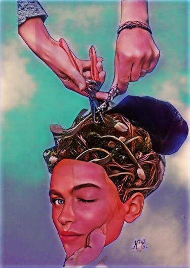 Femme au sécateur Collages getiteld "Femme au sécateur" door Nadège Chamand, Origineel Kunstwerk, Collages