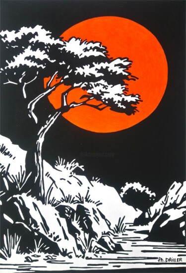 绘画 标题为“Orange Moon” 由Philippe Dailler, 原创艺术品, 丙烯