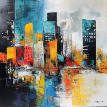 Digital Arts titled "Urban Colors" by Sara Swati, Original Artwork, AI generated image Mounted on Wood Stretcher frame
