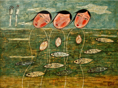 绘画 标题为“River Bathing” 由Du Bui Trong, 原创艺术品, 漆 安装在木板上