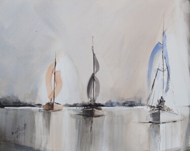 Painting titled "Trois bateaux (2ème…" by Eve Elikoff, Original Artwork, Watercolor