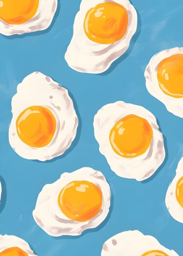 数字艺术 标题为“Fried Eggs on Blue…” 由春宇 关, 原创艺术品, AI生成的图像 安装在纸板上